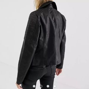 Large black leather bicker jacket look